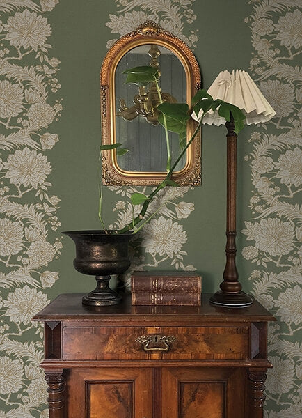 Gisela Green Floral Columns Wallpaper