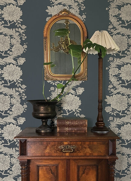 Gisela Blue Floral Columns Wallpaper