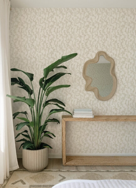 Cipher Beige Geometric Faux Grasscloth Wallpaper