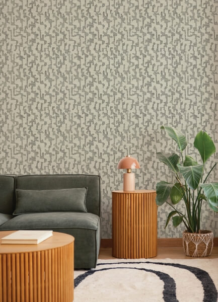Cipher Black Geometric Faux Grasscloth Wallpaper