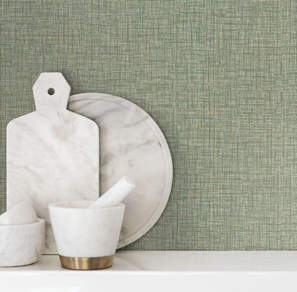 Beau Green Faux Fabric Wallpaper