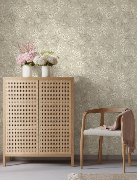 Paradis Beige Bouquet Toss Wallpaper
