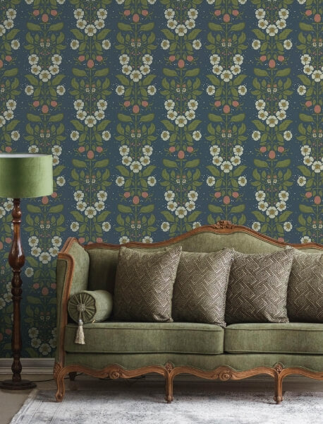 Rosa Navy Floral Columns Wallpaper