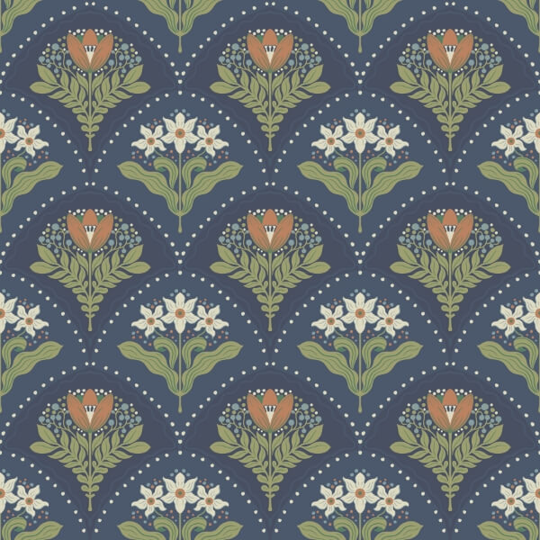 Maj Navy Floral Damask Wallpaper