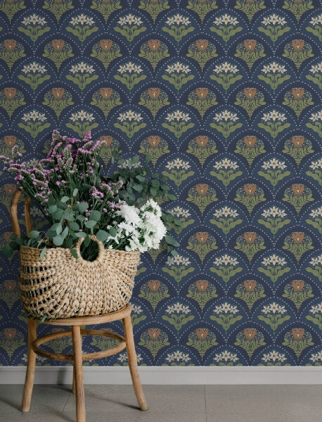 Maj Navy Floral Damask Wallpaper