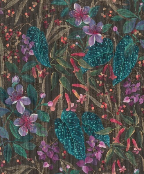 Kalina Black Floral Fruits Wallpaper