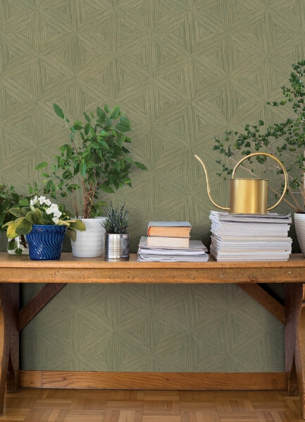 Anara Green Geo Faux Grasscloth Wallpaper
