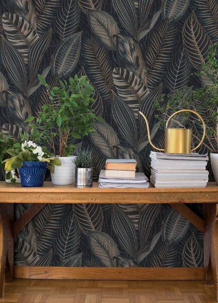 Acacius Dark Blue Tropical Foliage Wallpaper