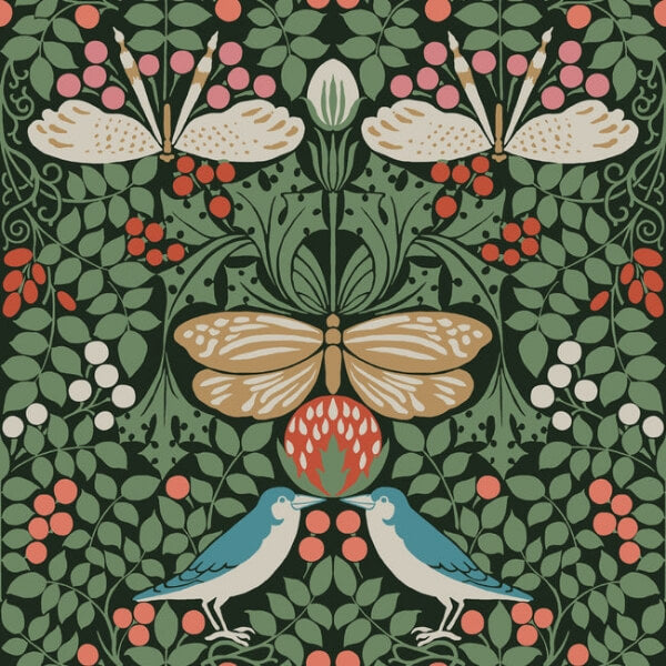 Butterfly Garden Green Metallic Wallpaper