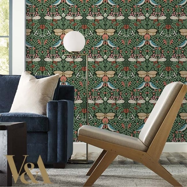 Butterfly Garden Green Metallic Wallpaper