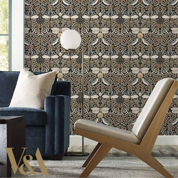 Butterfly Garden Black Metallic Wallpaper
