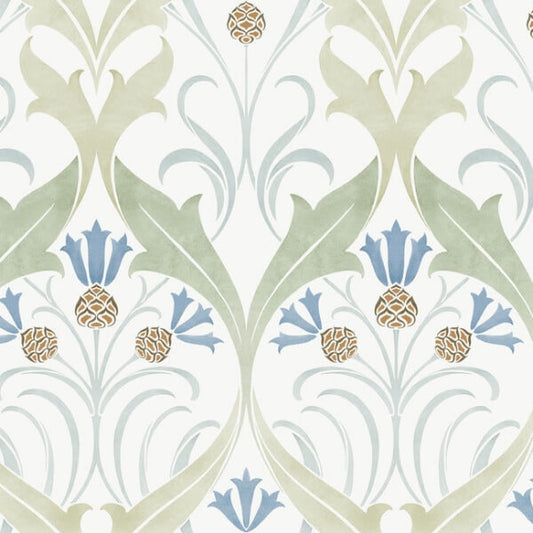 Pine Cone Ribbon Green & Blue Metallic Wallpaper