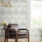 Pine Cone Ribbon Green & Blue Metallic Wallpaper