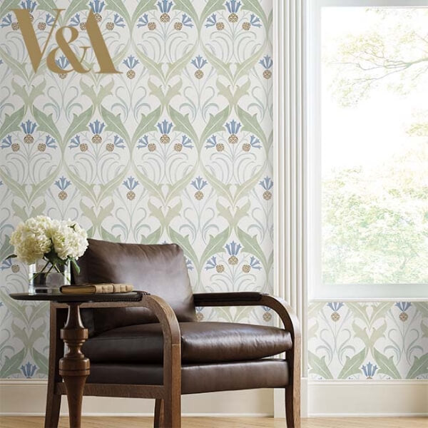 Pine Cone Ribbon Green & Blue Metallic Wallpaper