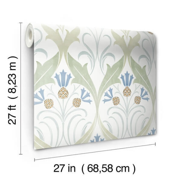 Pine Cone Ribbon Green & Blue Metallic Wallpaper