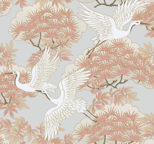 Sprig & Heron Coral Wallpaper