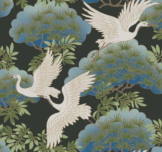 Sprig & Heron Black Wallpaper