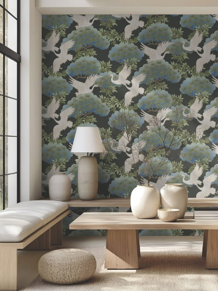 Sprig & Heron Black Wallpaper