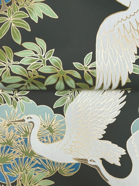 Sprig & Heron Black Wallpaper