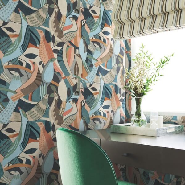 Fauvist Flock Coral & Aqua Wallpaper