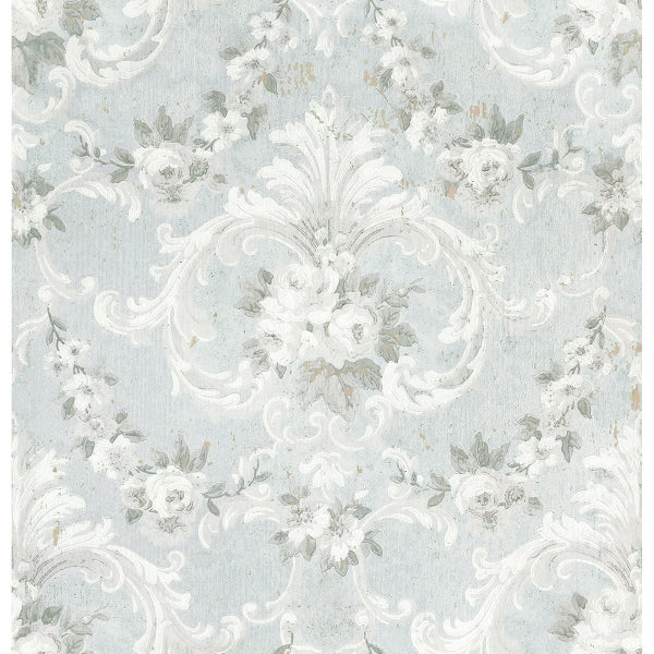 This Old Hudson Vintage Blue Rose Damask Wallpaper
