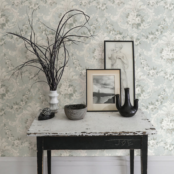 This Old Hudson Vintage Blue Rose Damask Wallpaper