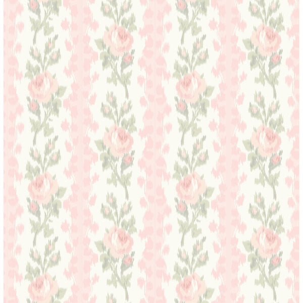 Blooming Heirloom Marie Pink Rose Stripe Wallpaper