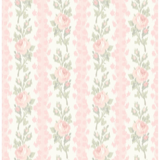 Blooming Heirloom Marie Pink Rose Stripe Wallpaper