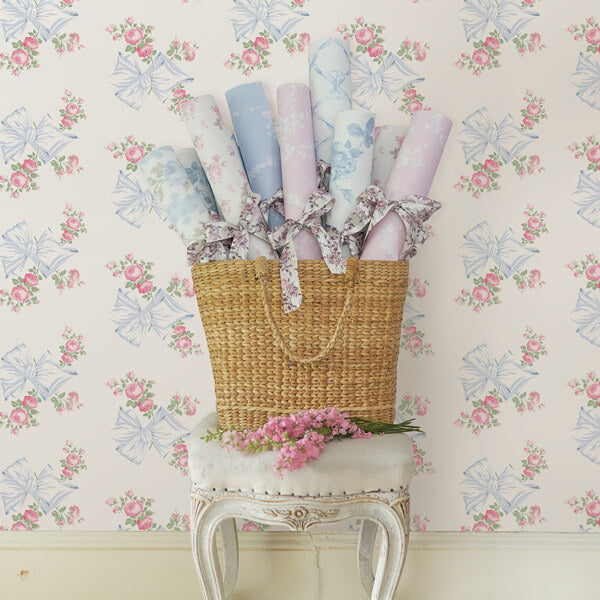 Rosa Beaux Pastel Blue Large Bow Spot Wallpaper