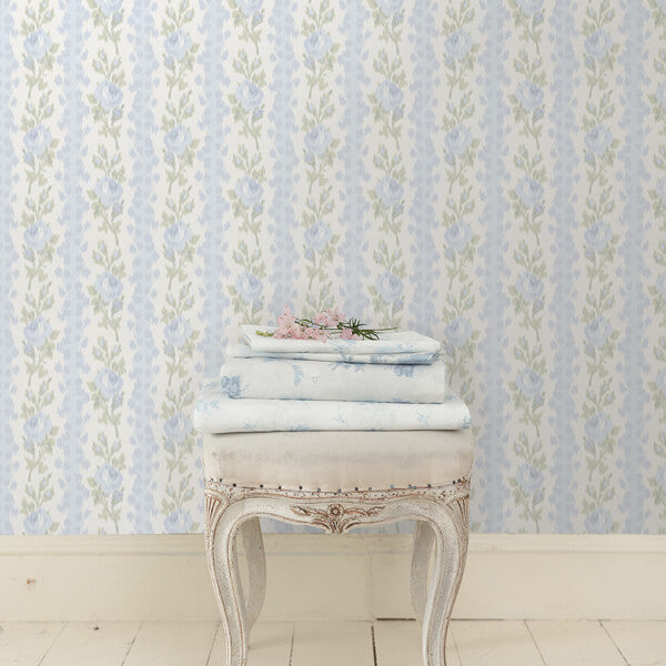 Blooming Heirloom Blue Romance Rose Stripe Wallpaper