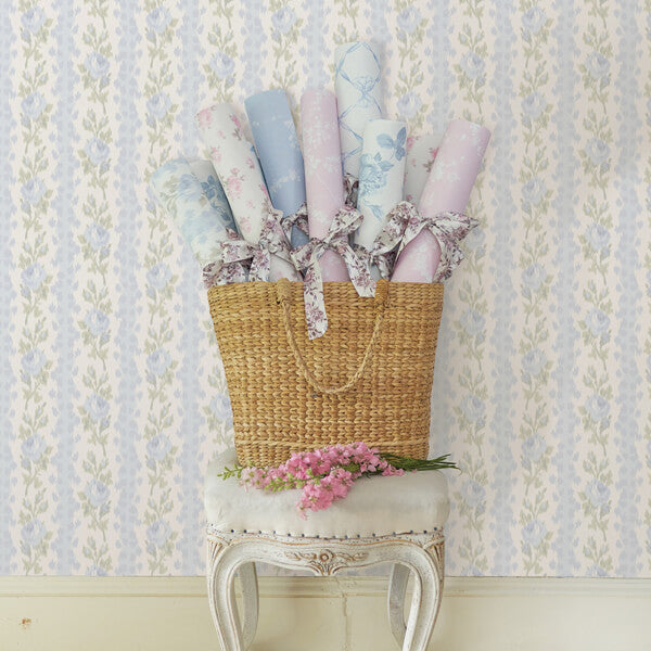 Blooming Heirloom Blue Romance Rose Stripe Wallpaper