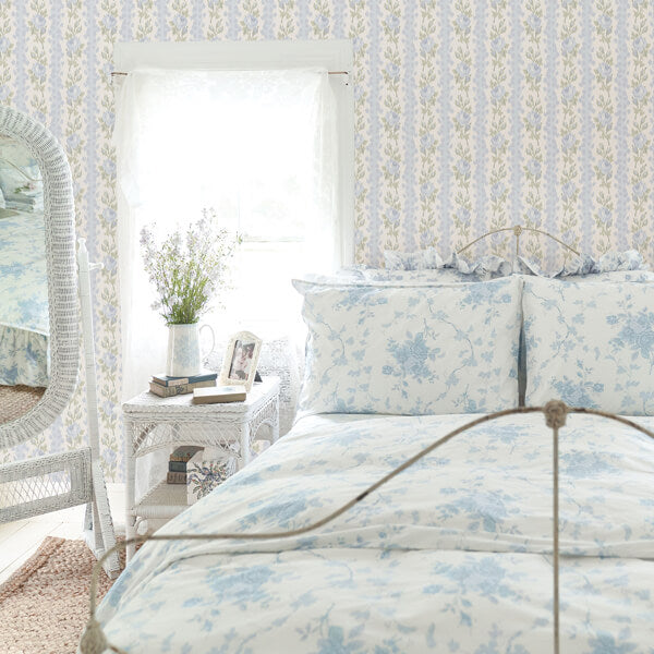 Blooming Heirloom Blue Romance Rose Stripe Wallpaper