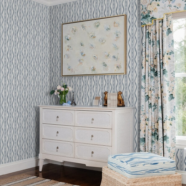 Rhys Blue IKAT Stripe Wallpaper