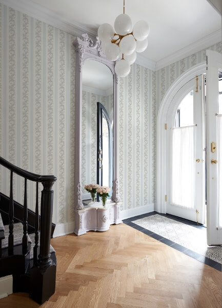 Marigold Wreath Baby Blue Rush Floral Stripe Wallpaper
