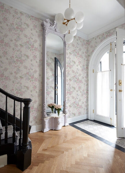 Cabbage Rose Bow Pretty in Pink Ribbons & Roses Wallpaper