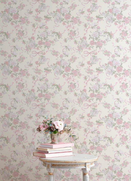 Cabbage Rose Bow Pretty in Pink Ribbons & Roses Wallpaper