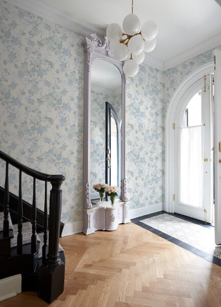 Cabbage Rose Bow Dusty River Blue Ribbons & Roses Wallpaper