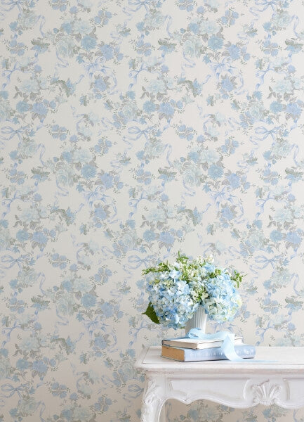 Cabbage Rose Bow Dusty River Blue Ribbons & Roses Wallpaper