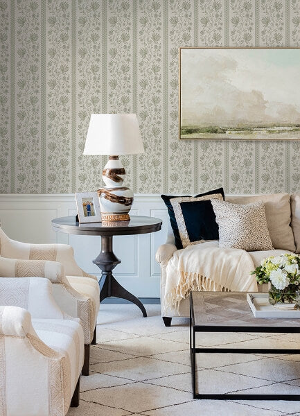 Edgemoor Sage Jacobean Stripe Wallpaper