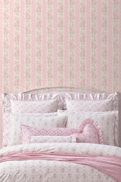 Blooming Heirloom Strawberry Macaron Rose Stripe Wallpaper
