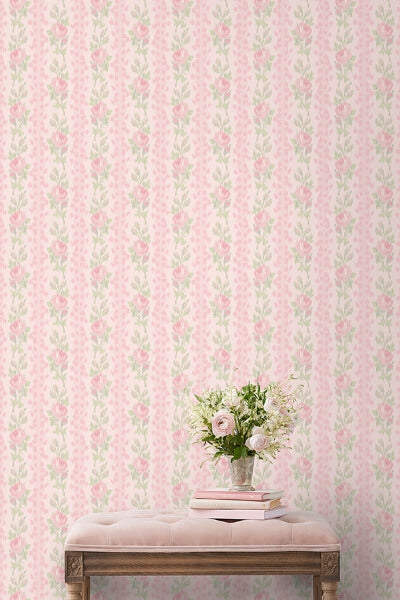 Blooming Heirloom Strawberry Macaron Rose Stripe Wallpaper