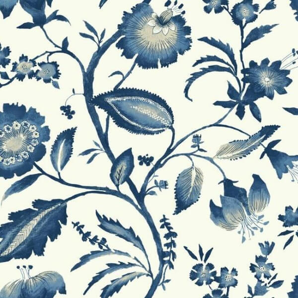 Watercolor Jacobean Blue & White Wallpaper