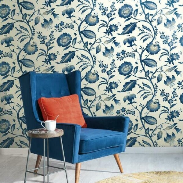 Watercolor Jacobean Blue & White Wallpaper