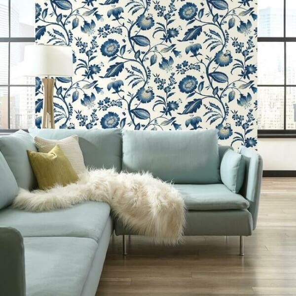 Watercolor Jacobean Blue & White Wallpaper