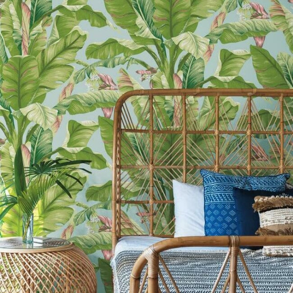 Banana Leaf Aqua & White Wallpaper