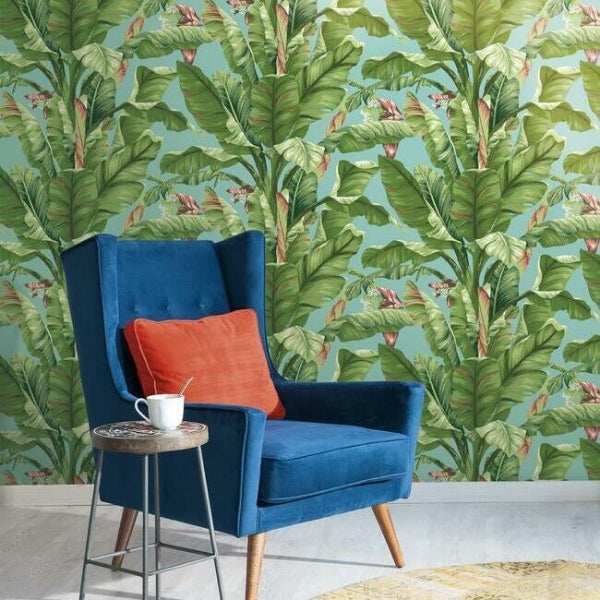 Banana Leaf Aqua & White Wallpaper