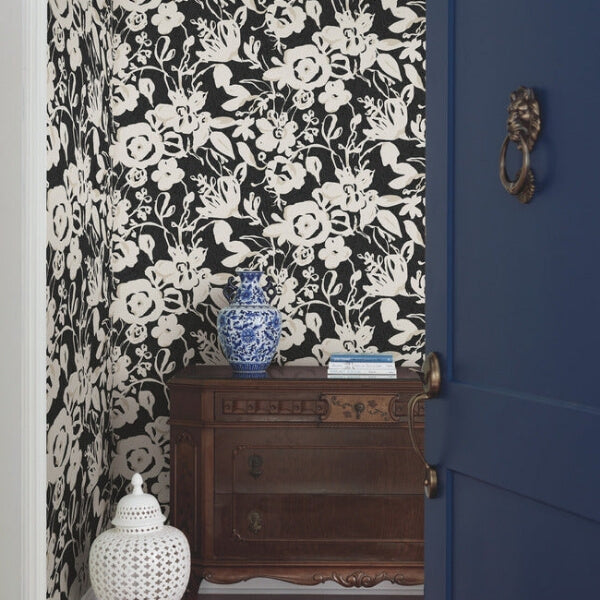 Brushstroke Floral Black Wallpaper