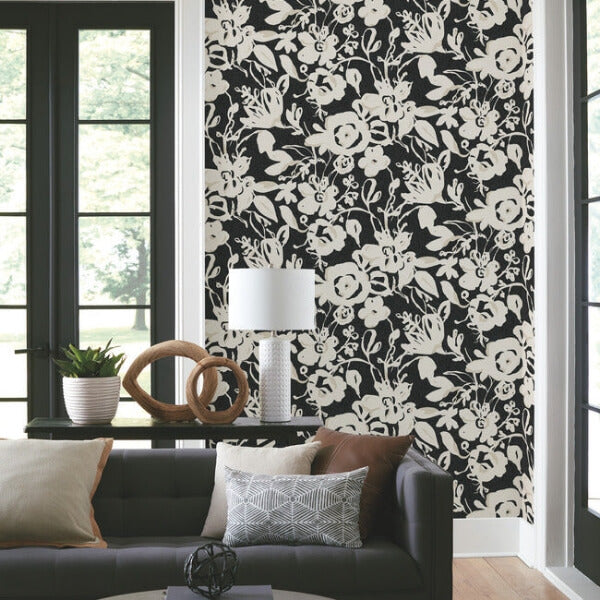 Brushstroke Floral Black Wallpaper