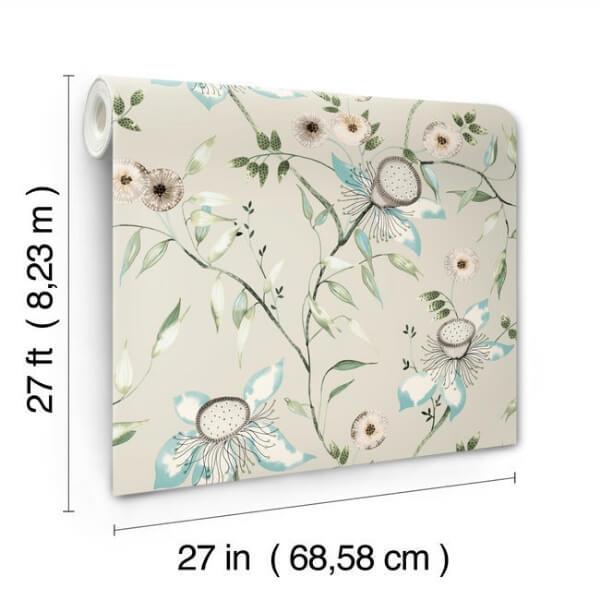 Dream Blossom Taupe & Aqua Wallpaper