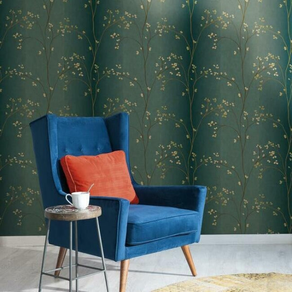 Vertical Blossoms Teal Metallic Wallpaper